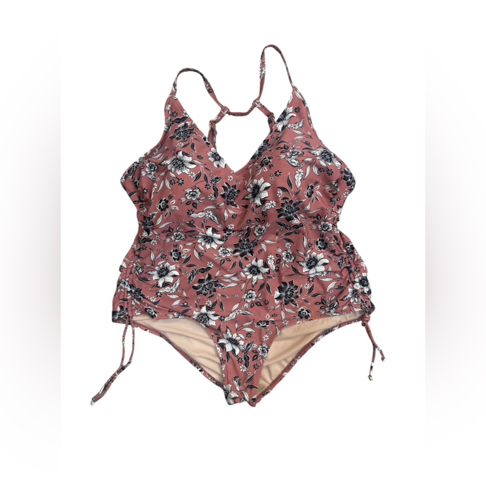 Kona Sol Floral One Piece Swimsuit 24W Pink Halter Cutout